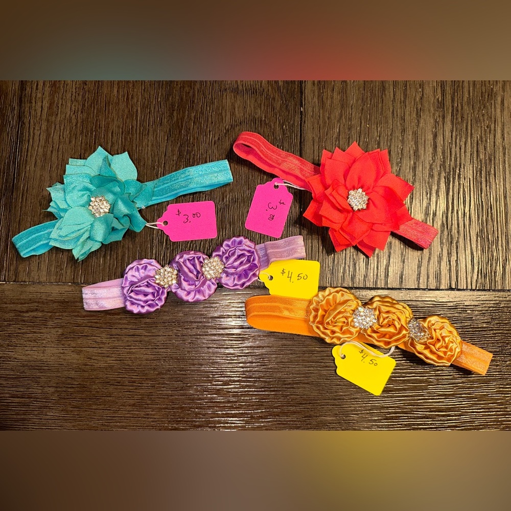 NWT Handmade Flower Headbands x 4 Infant Baby Child Girl Elastic Band Gemstones
